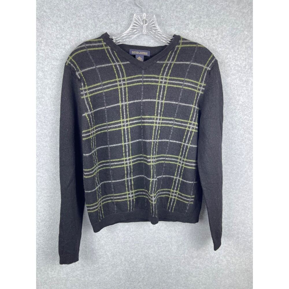 Banana Republic Argyle Sweater Women's L Black Plaid V Neck‎ Merino Wool HOLE